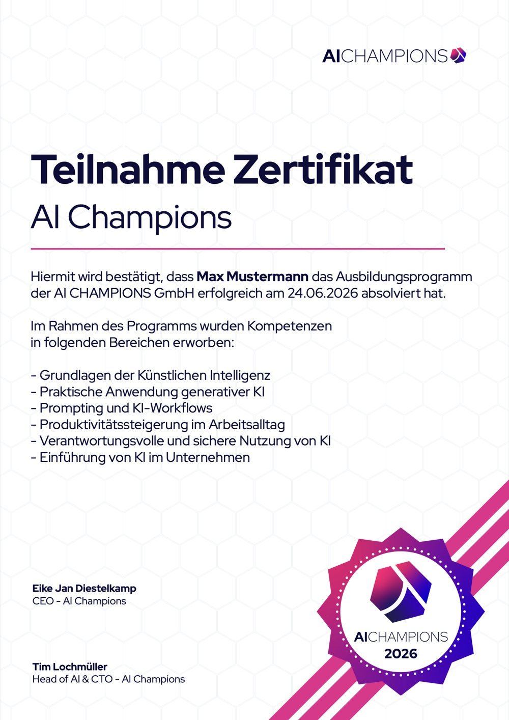 Beispiel: Teilnahme-Zertifikat AI Champions
